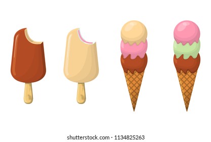 Set of Ice Cream Cartoon Icon. Summer Sundae Logo and Label for Ice Cream Shop. Vector Illustration.