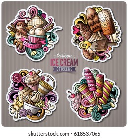 Set of Ice Cream cartoon stickers. Vector doodle objects and symbols collection. Label design elements. Cute patches, pins, badges series. Comic style.