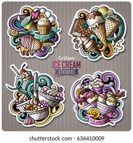 Set of Ice Cream cartoon stickers. Vector doodle objects and symbols collection. Label design elements. Cute patches, pins, badges series. Comic style.