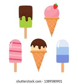 Set of ice cream in cartoon style on white background. Vector illustration.