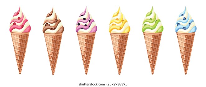 Set of ice cream in cartoon style. Vector illustration of ice cream in waffle cone with different flavors and pieces: 
raspberry,chocolate,blackberry,mango,kiwi,blueberry,isolated on white background.