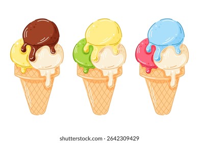 Conjunto de sorvete em estilo cartoon isolado em um fundo branco. Waffle cone sundae sabores de mirtilo, morango, pistache, amêndoa, limão e chocolate.