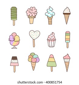 Set of ice cream. Cartoon style. Ice cream summer set. Ice cream cone