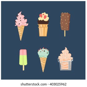 Set of ice cream. Cartoon style ice cream. Set of tasty ice cream isolated on dark background. sweet ice cream. 