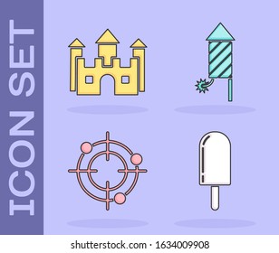 Set Ice cream, Castle, Target sport for shooting competition and Firework rocket icon. Vector