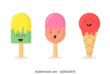 Set of ice cream characters with funny happy smiling faces for kids. Vector illustration on white background.