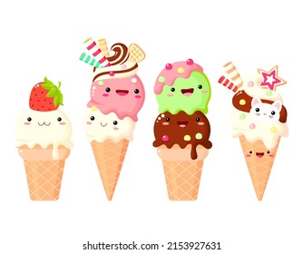 Set of ice cream characters in kawaii style with smiling face and pink cheeks for sweet design. Sundae, gelato in waffle cone. Cute summer food collection. Vector illustration EPS8  