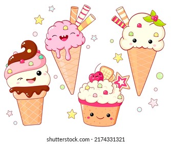 Set of ice cream characters in kawaii style with smiling face and pink cheeks for sweet design. Sundae, gelato in waffle cone. Cute summer food collection. Vector illustration EPS8  