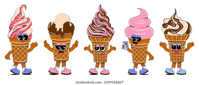 Set of ice cream characters in retro cartoon style. Fast food dessert mascot vector illustration.