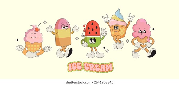 Set ice cream characters,funny summer food-sundae, gelato. Happy sweet kawaii smiling delicacy with different tastes for kids. Template for greeting,invitation,poster, flyer, web.Vector illustration.