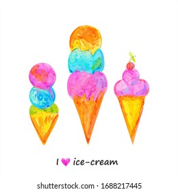 set of  ice cream,. Children's drawing with colored watercolor pencils. Vector illustration