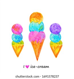 set of  ice cream. Children's drawing with colored watercolor pencils. Vector illustration