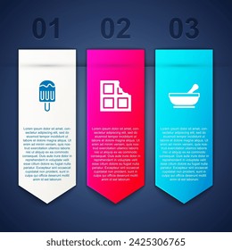 Set Ice cream, Chocolate bar and Mortar and pestle. Business infographic template. Vector