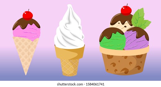 Set of ice cream with chocolate, cherry and fresh mint on top vector illustration.