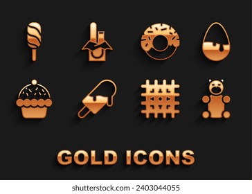 Set Ice cream, Chocolate egg, Jelly bear candy, Cracker biscuit, Cupcake, Donut,  and bar icon. Vector