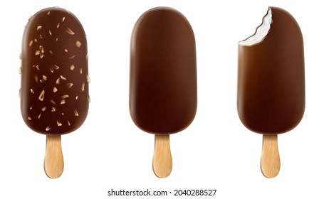 Set of ice cream with chocolate glaze  and nuts on a stick. Сhocolate popsicle on a stick , whole and bitten with filling. Realistic 3D vector food posters and summer banners.