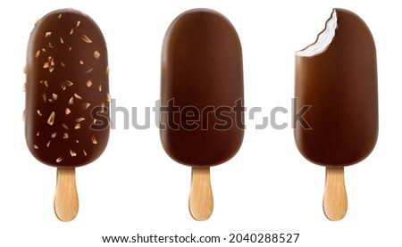 Set of ice cream with chocolate glaze  and nuts on a stick. Сhocolate popsicle on a stick , whole and bitten with filling. Realistic 3D vector food posters and summer banners.