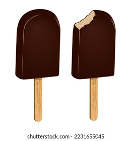 Set of ice cream in chocolate icing on a stick, whole and bitten. Popsicle chocolate ice cream. Frozen product sweet food. Realistic 3D food poster. Vector illustration.