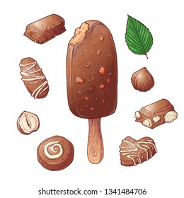 Set ice cream chocolate nut, hand drawing. Vector illustration