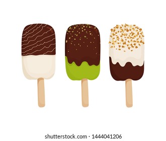 Set of ice cream with chocolate, nuts and pistachios. Illustration of ice cream in cartoon style on white background for menu, banner, flyer, poster. Vector