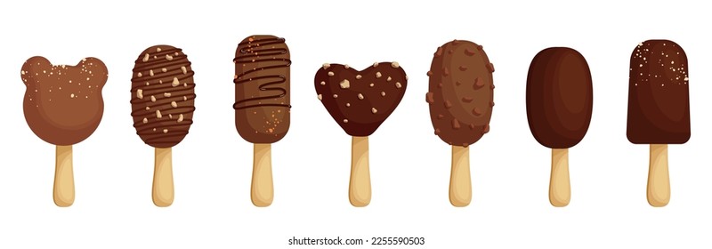 Un conjunto de helados con chocolate. Varios postres de leche caricaturizan paletas. Gráficos vectoriales.