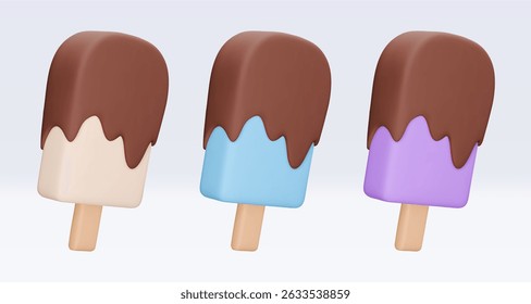 Set Ice cream with chokolate glaze, icon, 3d render. Design elements. Realistic fast food icon. Sweet food. Vector illustration isolated on white for menu, shop, flyer, banner, web, adv, sale