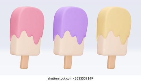 Set Ice cream with chokolate glaze, icon, 3d render. Design elements. Realistic fast food icon. Sweet food. Vector illustration isolated on white for menu, shop, flyer, banner, web, adv, sale