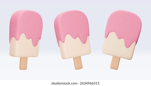 Set Ice cream with chokolate glaze, icon, 3d render. Design elements. Realistic fast food icon. Sweet food. Vector illustration isolated on white for menu, shop, flyer, banner, web, adv, sale