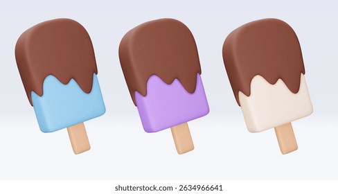 Set Ice cream with chokolate glaze, icon, 3d render. Design elements. Realistic fast food icon. Sweet food. Vector illustration isolated on white for menu, shop, flyer, banner, web, adv, sale