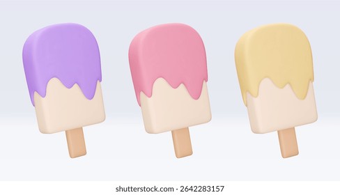Set Ice cream with chokolate glaze, icon, 3d render. Design elements. Realistic fast food icon. Sweet food. Vector illustration isolated on white for menu, shop, flyer, banner, web, adv, sale