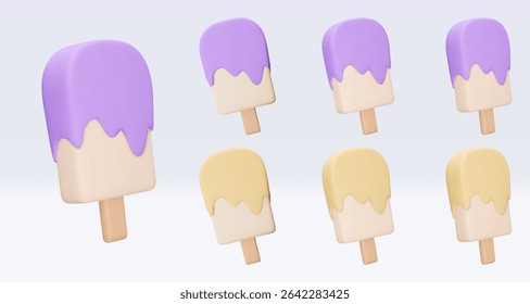 Set Ice cream with chokolate glaze, icon, 3d render. Design elements. Realistic fast food icon. Sweet food. Vector illustration isolated on white for menu, shop, flyer, banner, web, adv, sale