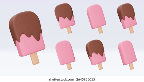 Set Ice cream with chokolate glaze, icon, 3d render. Design elements. Realistic fast food icon. Sweet food. Vector illustration isolated on white for menu, shop, flyer, banner, web, adv, sale