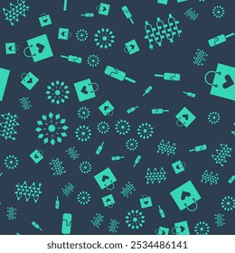 Set Ice cream, Christmas lights, Firework and Shopping bag with heart on seamless pattern. Vector