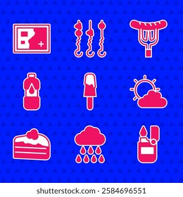 Set Ice cream, Cloud with rain, Lighter, Sun and cloud weather, Piece of cake, Bottle water, Sausage on fork and Folded map icon. Vector