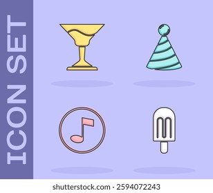 Set Ice cream, Cocktail, Music note, tone and Party hat icon. Vector