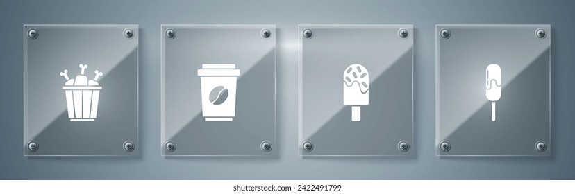 Set Ice cream, , Coffee cup to go and Chicken leg in package box. Square glass panels. Vector