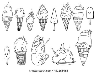 Set of ice cream. Cold dessert. Sweet. Set. Black and white drawing by hand. Stylized. Line art. Doodle.