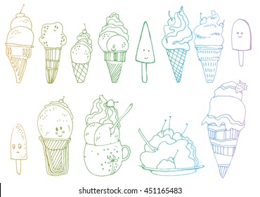 Set of ice cream. Cold dessert. Sweet. Set. Black and white drawing by hand. Stylized. Line art. Doodle.