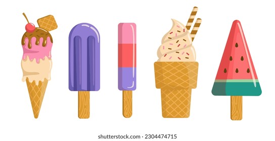 Set of ice cream. Collection of cold desserts and delicates at sticks and in cones. Stickers for social networks for summer season. Cartoon flat vector illustrations isolated on white background