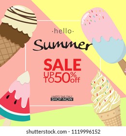 set of ice cream collection with text hello summer on pastel color background. vector illustration