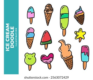 Set of Ice Cream colorful doodles on a white background