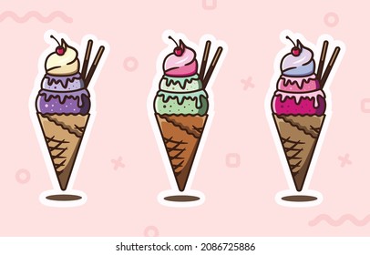 Set of ice cream cone with cherry illustrations vectors. Collection of black currant, mint choc chip and strawberry ice cream cones. 