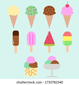 set of ice cream, ice cream cone, ice cream cup, popsicle