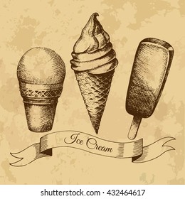 Set of ice cream. Cone, eskimo pie. Vintage. Drawing by hand. Summer season. Vector illustration