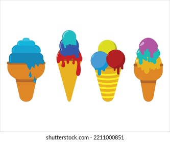 Set of Ice Cream Cone Flat Design Vector 