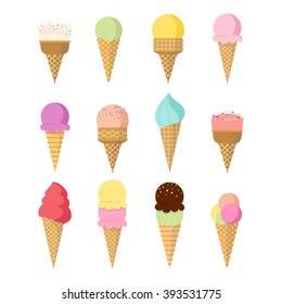 Set of ice cream in cone with fruit, chocolate. Vector illustration a flat style cartoon. A collection of ice in cone for design summer menu, ice cream party