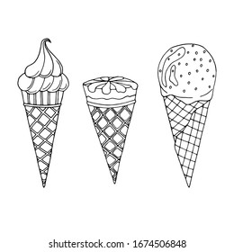 Conjunto de helados aislados sobre fondo blanco. Ilustración vectorial en estilo doodle. Línea de arte: Perfecto para el diseño de menú de restaurante, cafetería, cocina, web, impresión en la tela. Imagen apetitosa de la comida.