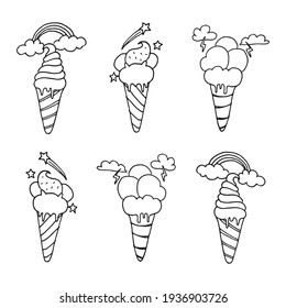 set of ice cream cone isolated on white background. ice cream cone icon, rainbow, stars, cloud, comet and thunderbolt. hand drawn vector. doodle artistic for kids, coloring, clipart, sticker, poster.