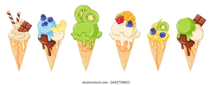 Set ice cream cone with juicy slice of orange, blueberry, raspberry, wafer stick, chocolate bar and pineapple on top in cartoon style. Summer food package and menu cafe design.