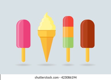 Set of ice cream cone, ice lolly isolated on blue background. Flat style vector illustration.